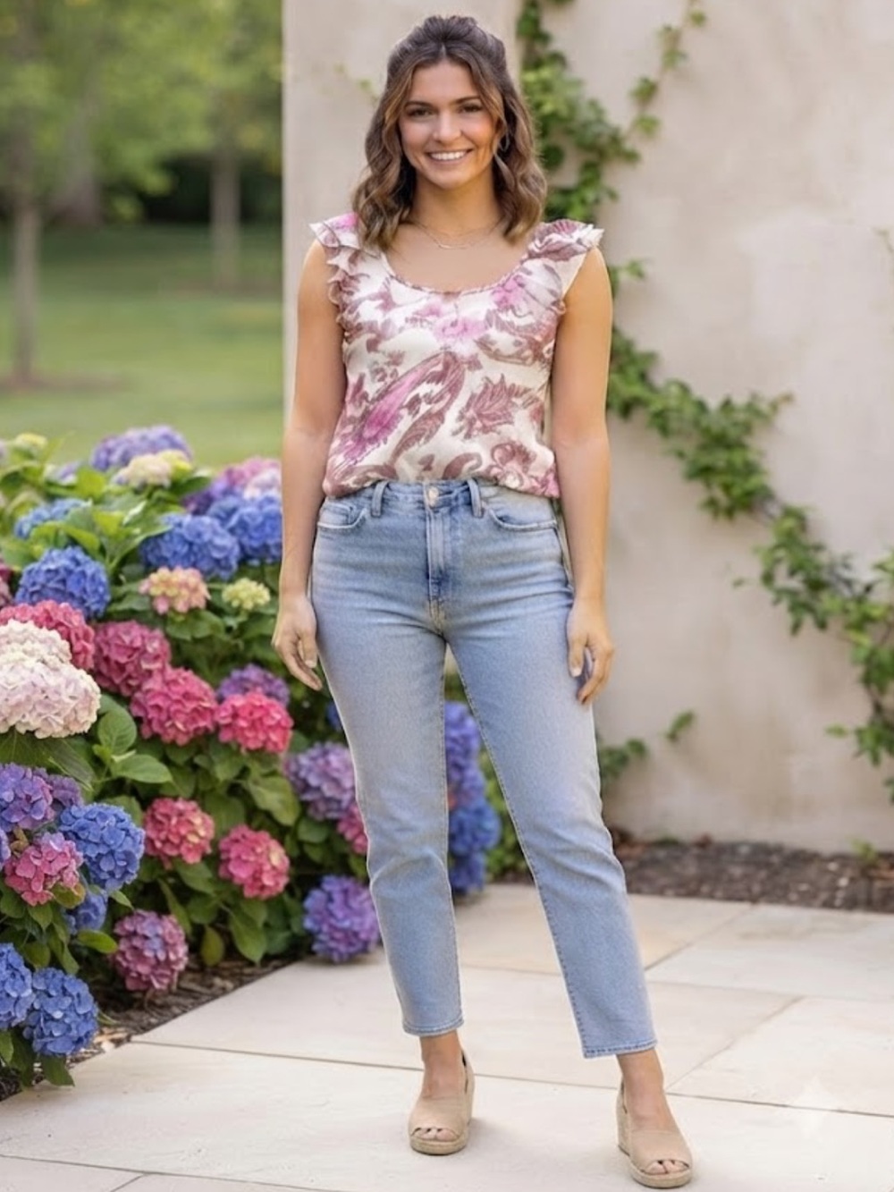 Paisley Ruffle-Sleeve Sleeveless Blouse in Pink and Cream